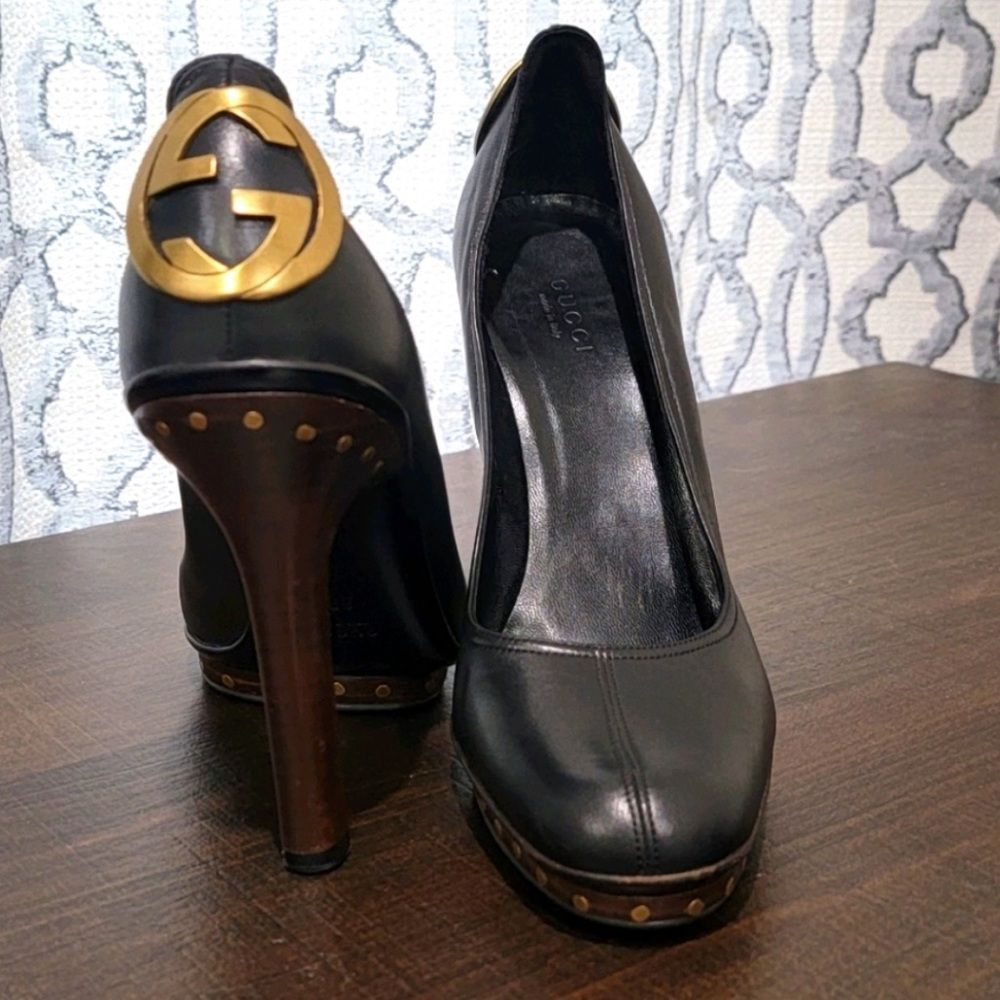 Gucci Black Leather Stud GG Logo Heels 38 - Picture 2 of 8